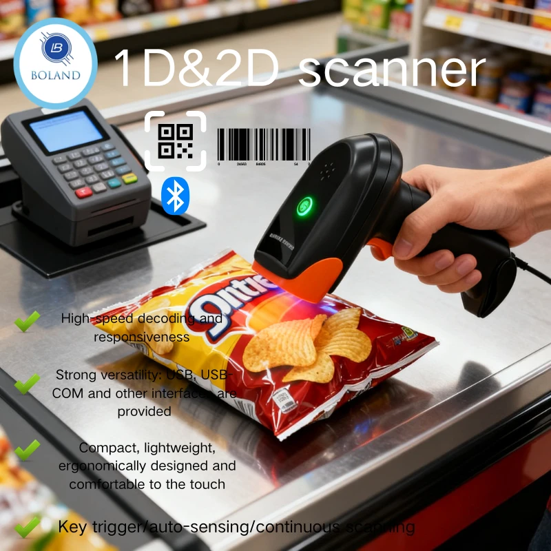 لاسلكي 2D QR PDF417 ماسح الباركود بلوتوث قارئ الباركود 2D الماسح الضوئي الاستشعار التلقائي للدفع المحمول