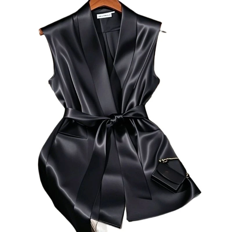 New Summer Light Luxury Sleeveless Suit Satin High-end Temperament Top French Celebrity Vest High Quality High Appearance Level