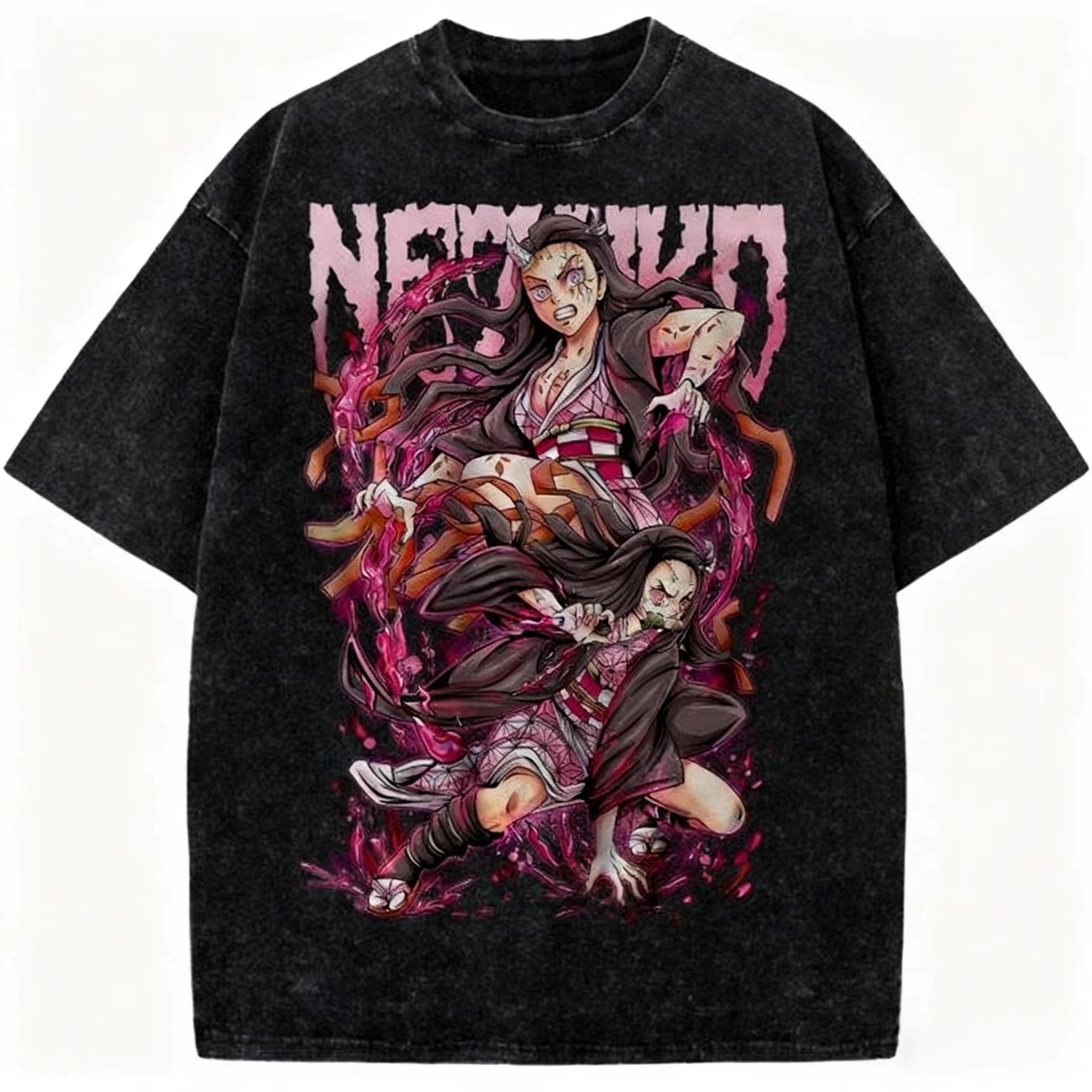 

Summer New Vintage Wash Demon Slayer Anime Graphic T Shirt Nezuko Print Men Women Cotton Short Sleeve Tee Streetwear Casual Tops