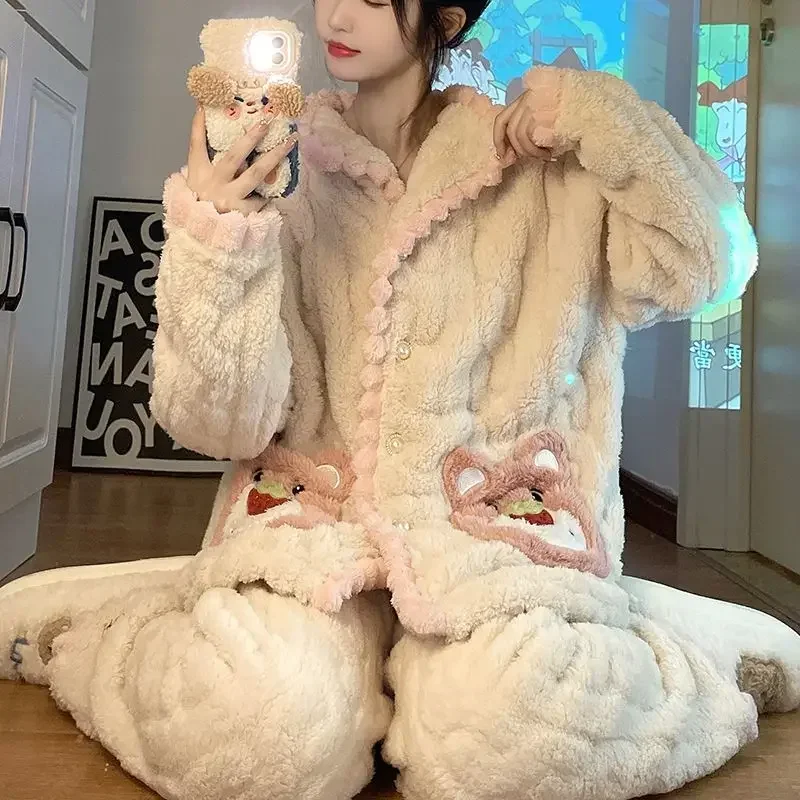 2023 New Autumn  Thick Coral Fleece Winter Pajamas Women Warm Home Clothes Student  Flannel fashion relaxation Loungewear Set