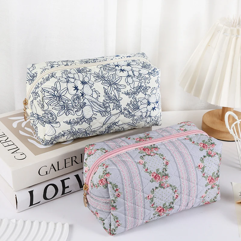 Floral Makeup Bag Large Capacity Cute Flowers Instagram Travel Storage Portable Quilted Cotton Bow Toiletry Bag