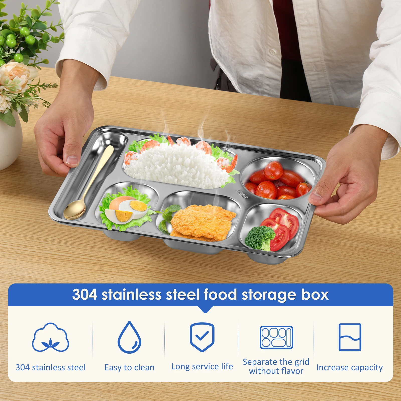 2 Pcs Stainless Steel Snack Container 5 Compartments Snack Box Divided Snack Box Container Reusable Meal Prep Container