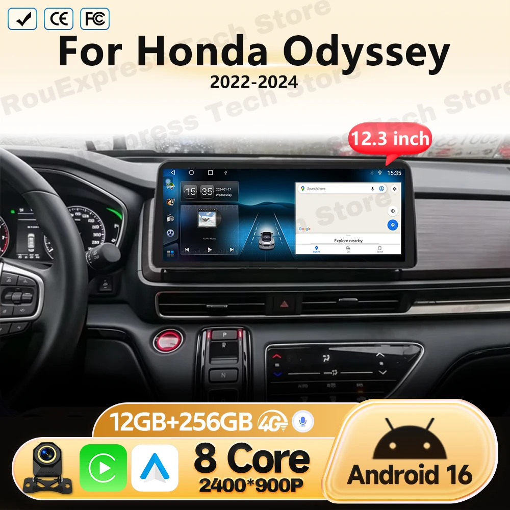 Android 16 Car Radio 12.3'' For Honda Odyssey 2022 2023 2024 Multimedia Video Player GPS Navigation Head Unit WIFI No 2 Din DVD