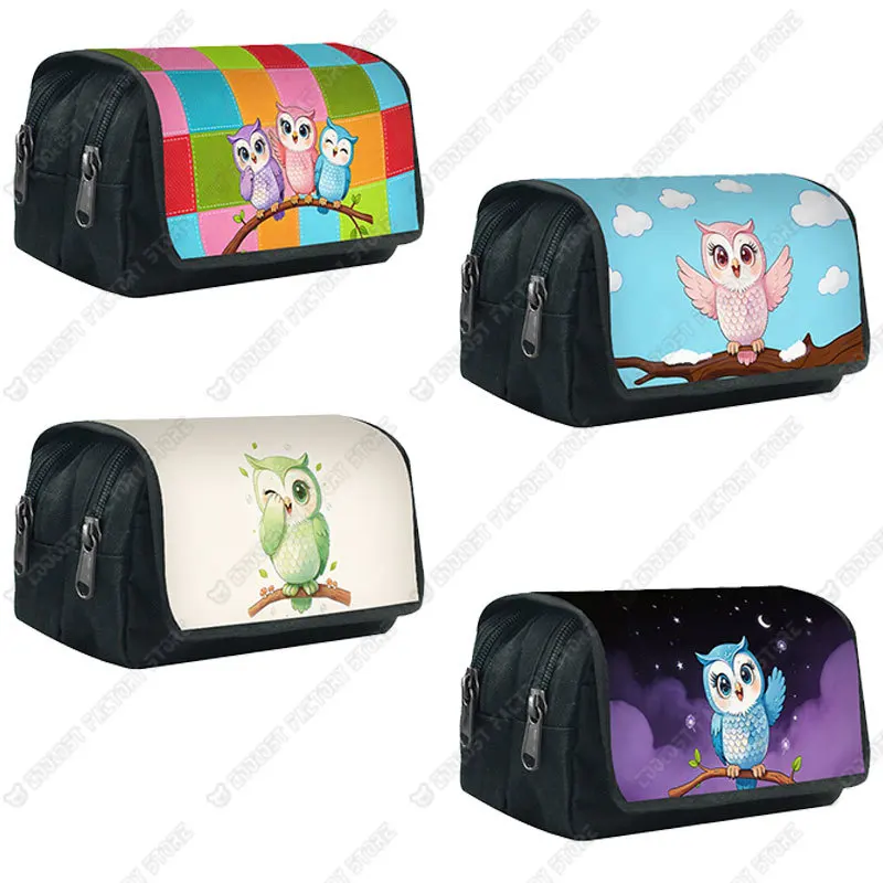 Cartoon Drawing Owl Perching on The Branch Graphic Print Woman Cosmetic Case Pencil Bag School Pencil Box Brush Cases Pen Holder