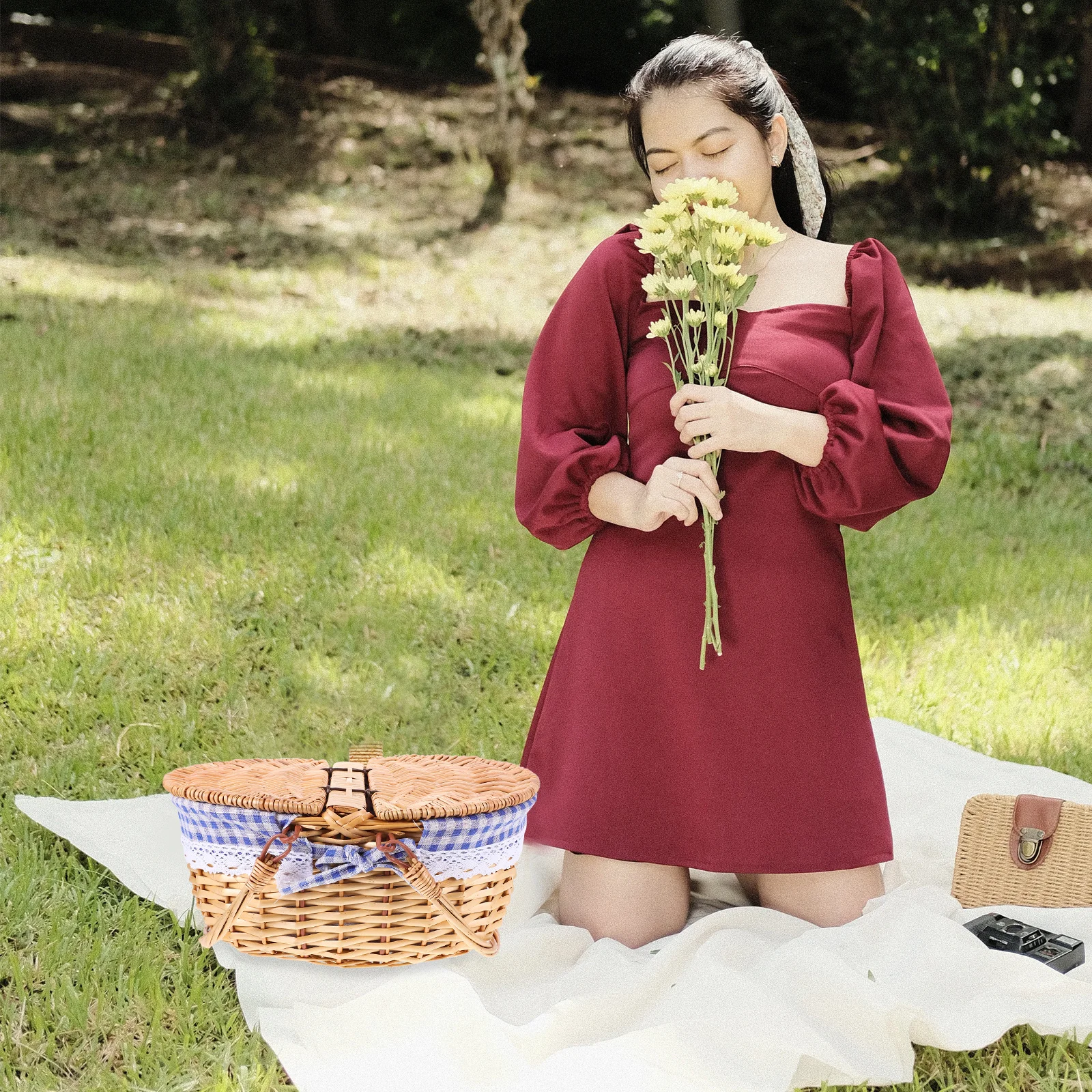 

1pc Woven Storage Basket With Lid Rustic Fruit Bread Picnic Basket Kitchen Bathroom Living Room Organizer Household Sundries