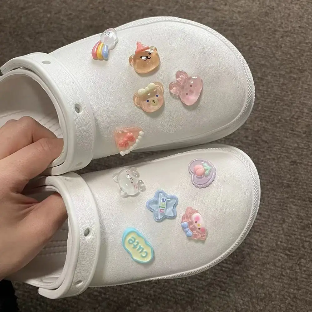 10/18Pcs/Set Transparent Floral Shoe Buckles Handmade Cute Rainbow Bear Hole Shoe Buckle Detachable DIY Shoe Charms