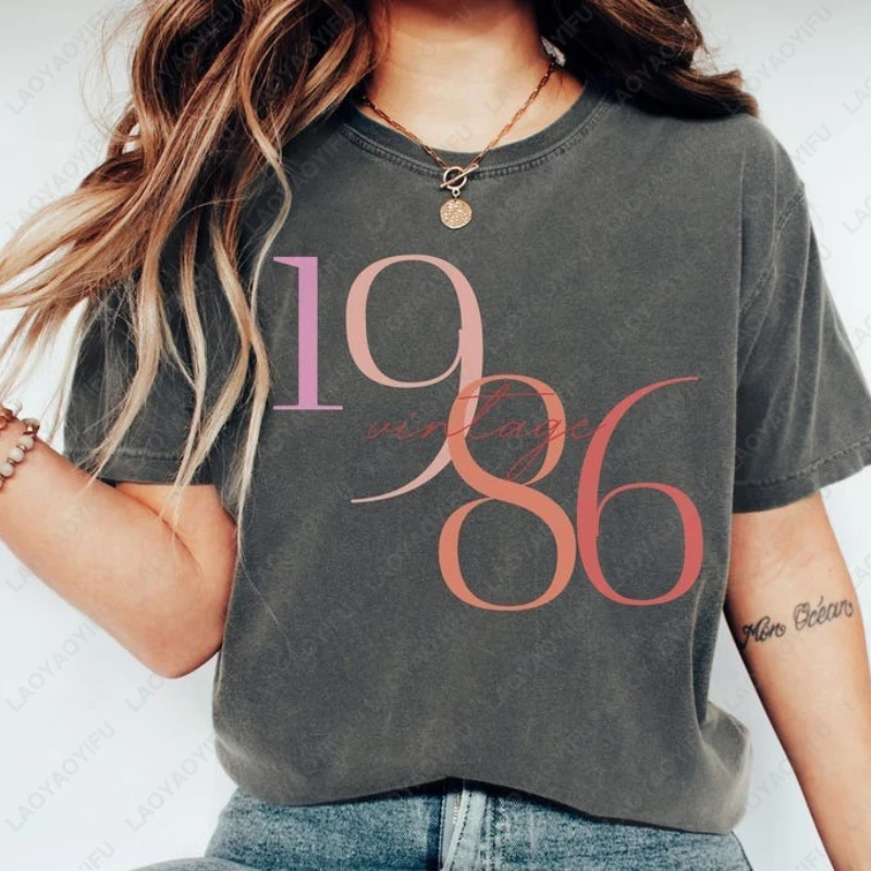 Classic 1986 Cotton T-shirts For Women Vintage 40th Birthday Year Number Tshirt for Her Creative Trend Casual Style Unisex Tee
