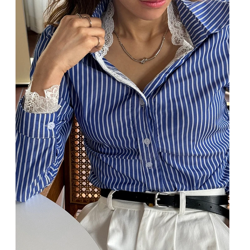 

Spring Women's Lace Button Down Shirts Striped Long Sleeve Collared Blouses Tops Elegant Slim Waist Blouse Female Fashion New