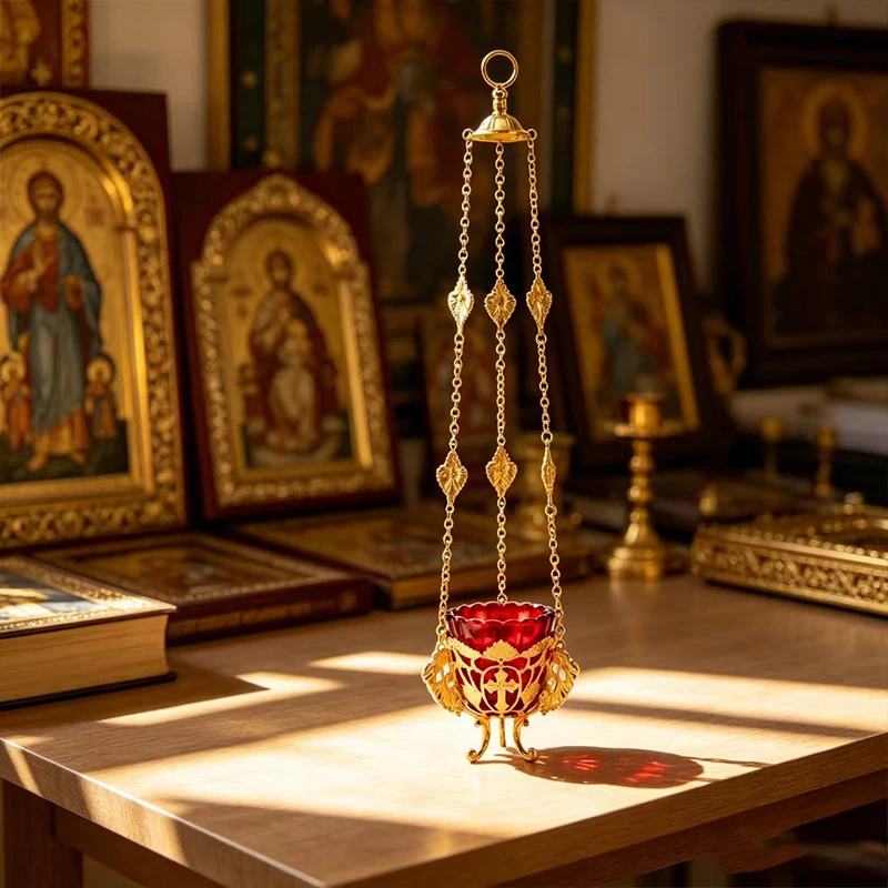 Gold Plated Hanging Sanctuary Lamp with Red Glass Votive Holder & Cross Motif for Orthodox Christian Church Altar Religious Deco