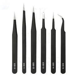 6PCS ESD Stainless Steel Tweezer Set Precision Maintenance Industrial Repair Curved Tool Home Working Model Making Hand Tool Set