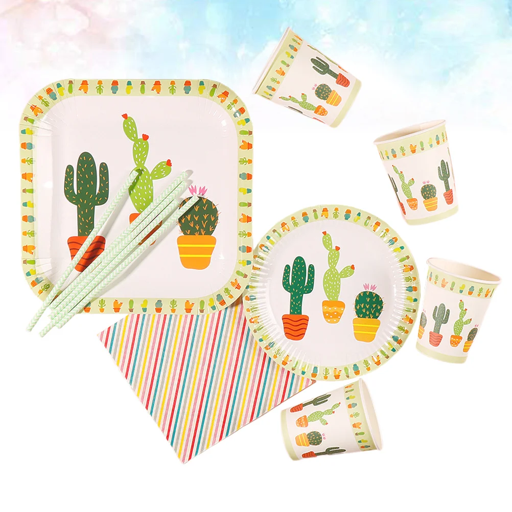 75 PCS Cute Paper Plates Baby Tropical Dish Shower Printing Party Tableware Beautiful Cactus Fresh Banquet