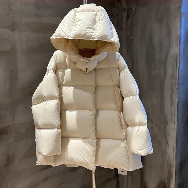 Inverno 2025 feminino engrossado quente com capuz jaqueta de alta qualidade moda high-street branco ganso para baixo casaco de pão fofo ao ar livre