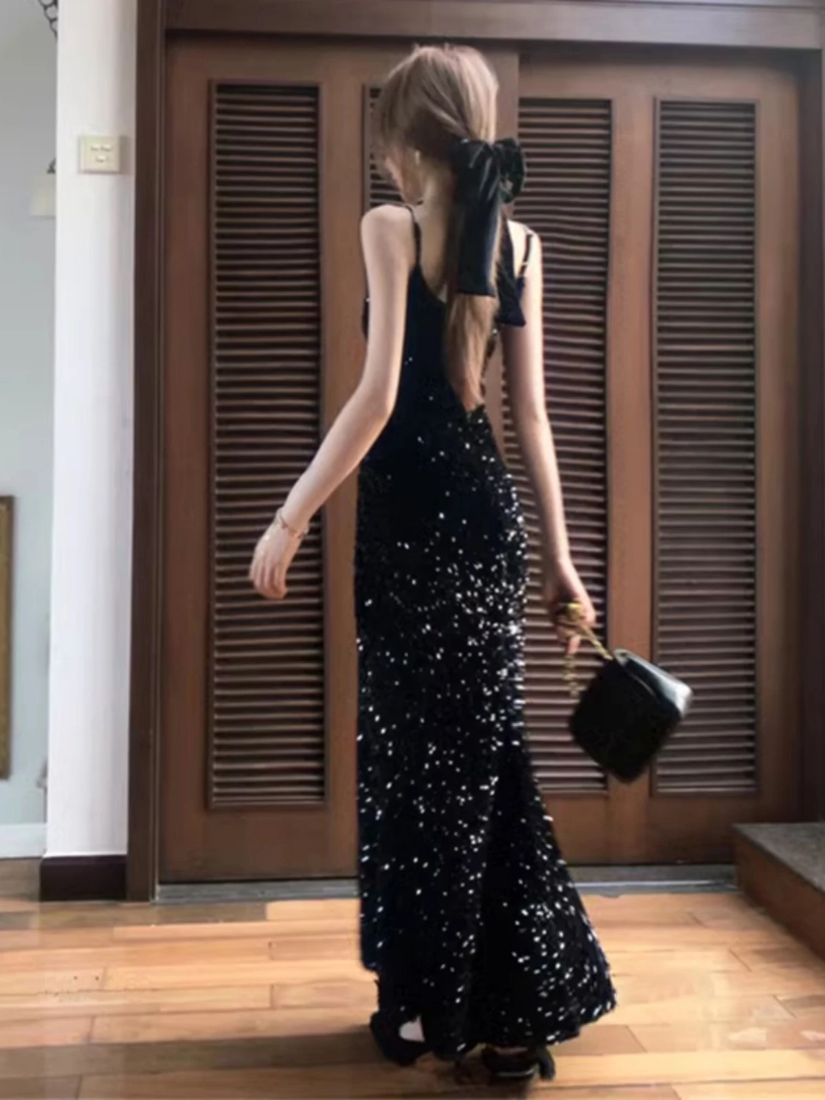 Black Velvet Sequin Sling Evening Dress Women V-Neck Backless Sexy Slim Club Party Mermaid Dresses Exquisite Elegant Prom Gown