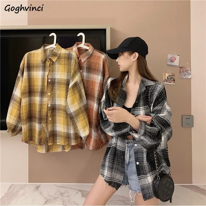 

Elegant Plaid Panelled Shirts Women Vintage All-match Loose Korean New Design Students Chic Thin Spring Summer Female Leisure