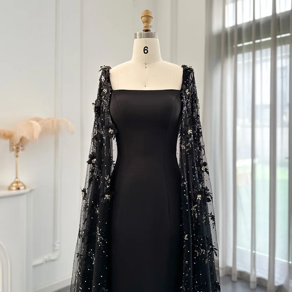 Luxury 3D Flowers Black Satin Evening Dress with Cape Sleeves Elegant Square Collar Sweep Train Women Formal Party Dresses