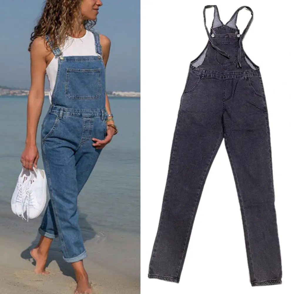 

Distressed Denim Overalls Stylish Plus Size Denim Jumpsuit with Adjustable Straps Side Pockets for Women Backless for Ladies