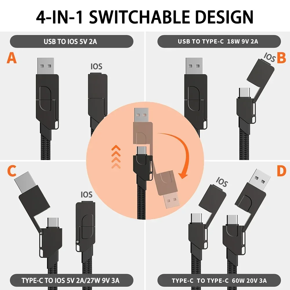 Multi Charging Cable Short For Travel Portable Magnetic Keyring 4 in 1 Fast Charger Cord PD 60W USB A/C to Type C For Phone Pads