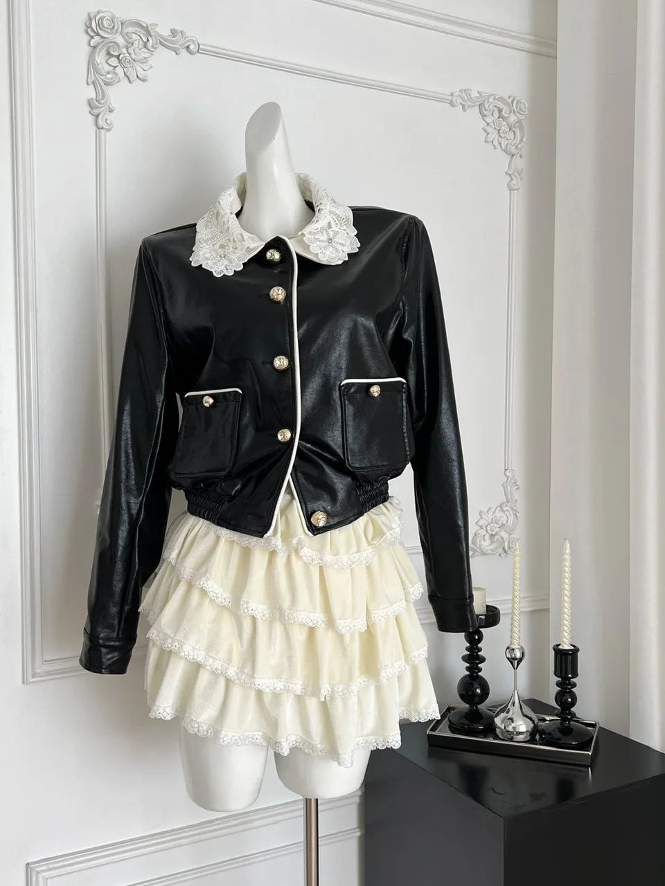 Conjunto de dos piezas de falda y falda de cuero con cuello de encaje de cintura alta, traje de mujer Faionable de longitud dulce Sle ort