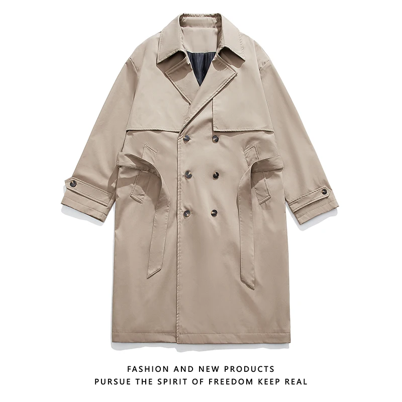 Fashion Mens Mid-Length Coat Autumn Winter Men Hong Kong Casual Outerwear Male Trendy Oversized Loose Trench Coat