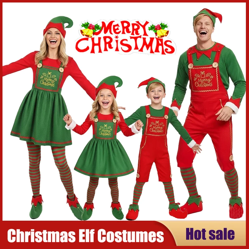 

Fancy Santa Claus Cosplay Costume Adult Kids Cute Red Green Christmas Elf Role-Playing Family Carnival Party New Year Dress Sets