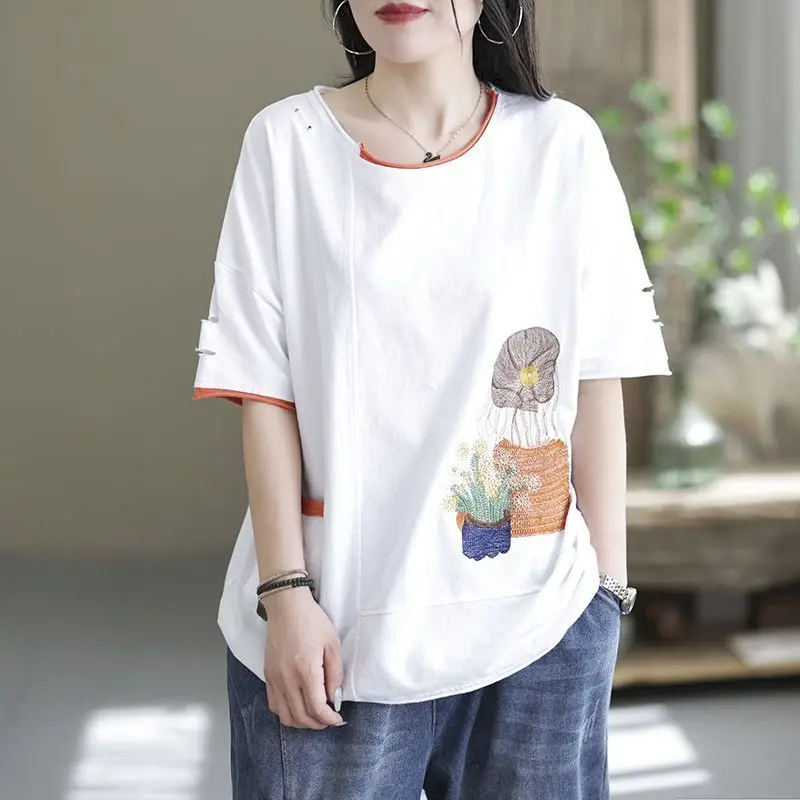 Cotton Short-sleeved T-shirt Women\'s 2025 Summer New Korean Style Stitching T-shirt Round Neck Loose Contrast Color Tops Women