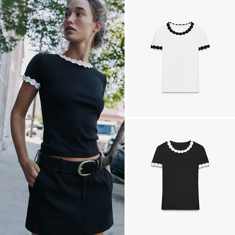 

Fashionable Slim Fit round Neck Short Sleeve T Shirt with Flower Embellishment New Arrival Women's Clothing Autumn Season