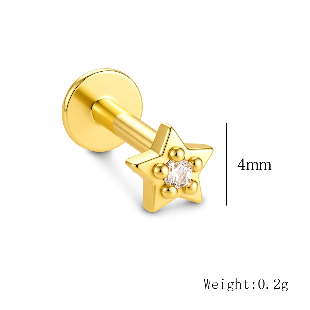 925 Sterling Silver 14K Gold Plated Star Single CZ Flat Back Single Stud Earring Cartilage Piercing Jewelry