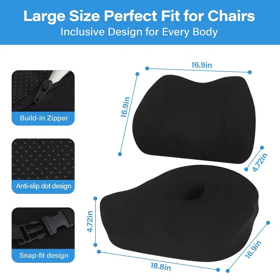 Cojín de apoyo lumbar para silla de oficina, X cojines grandes de espuma viscoelástica para silla para ciática, coxis, alivio del dolor, almohadilla cóctel