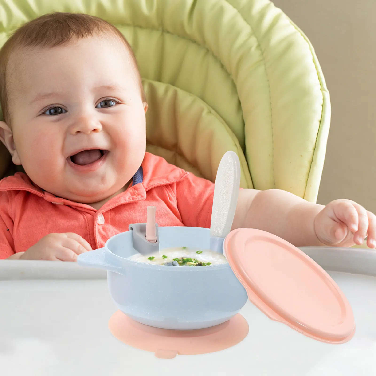 

1Set Baby Food Bowl Set Bright Color Lid Spoon Straw Suction Cup Anti-Scald Safe Toddler Self Feeding Bowl Cleaning Brush