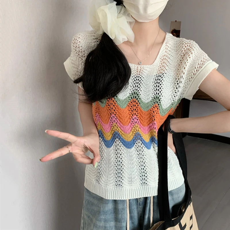 

Women's Casual Short-sleeved Sweater Summer U-neck Color Matching Sweater Top Light Pullover Knitted Shirt T-shirt