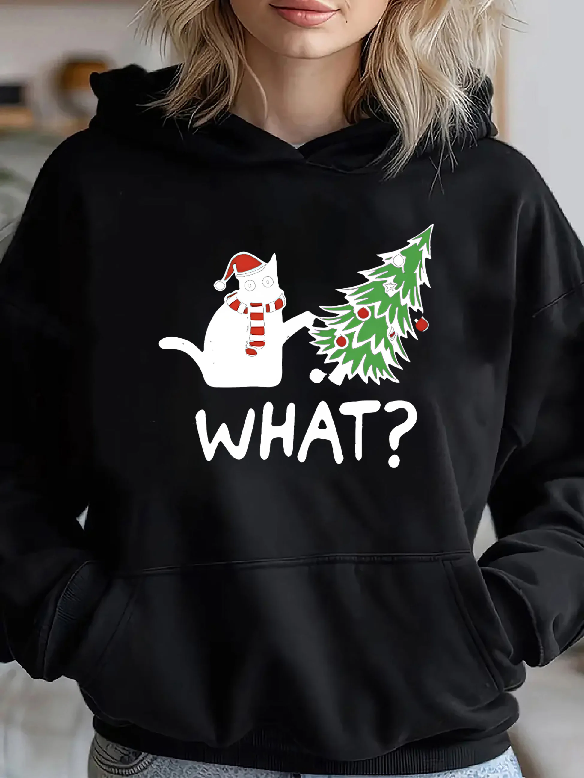 2025 Dames feestelijke kerstkat print hoodie dames sweatshirt casual lange mouw herfst en winter warme hoodie