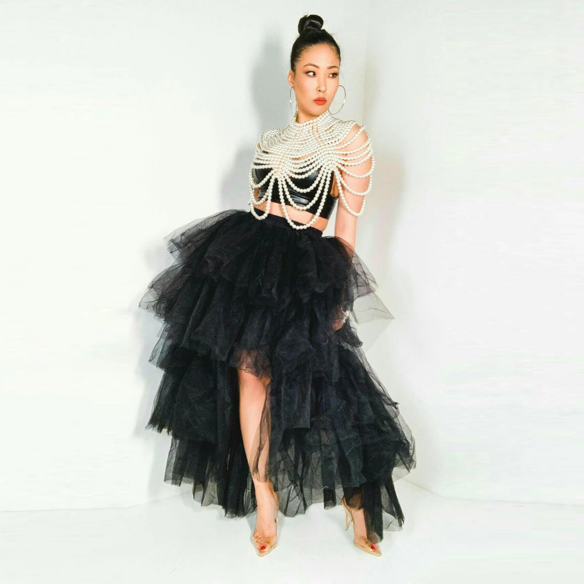 

Black Tulle High Low Skirt Elastic Waist Women Tutu Skirt Girls Birthday Party Formal Wear Tiered Long Skirts