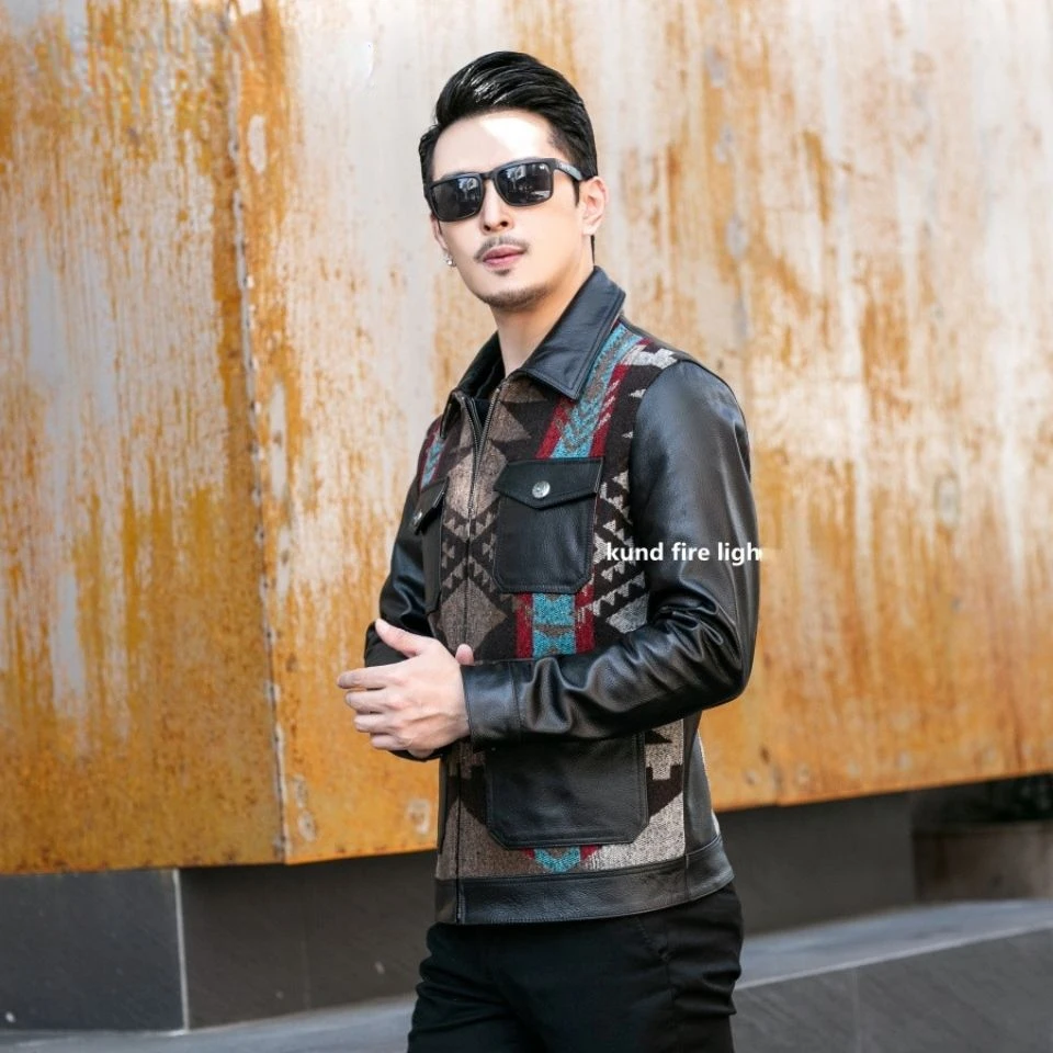 Men's Jacket Men's Coat Top Layer Cowhide Genuine Leather Coat Men's Jacket Splicing Totem Wool Leisure Slim Fit The New