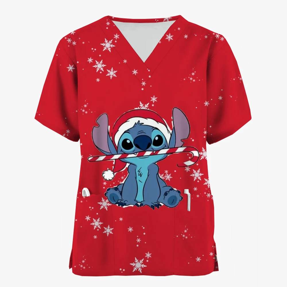 Nurse uniform frosted women's Disney Stitch Christmas print nurse uniform short sleeved V-neck top work shirt