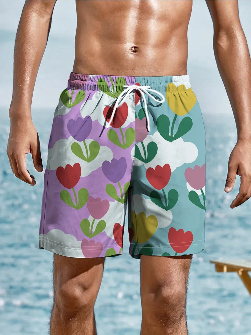 Summer Men's Cartoon Floral 3D Digital Printing Hawaiian Beach Quick Dry Shorts Large Size Loose Swimming Trunks