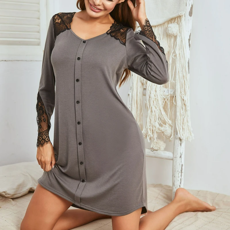 النمط الأوروبي الأمريكي المرأة طويلة الأكمام ثوب النوم الدانتيل المرقعة الجبهة التلبيب البلوز ملابس المنزل منامة للنساء 2026 الخريف #6