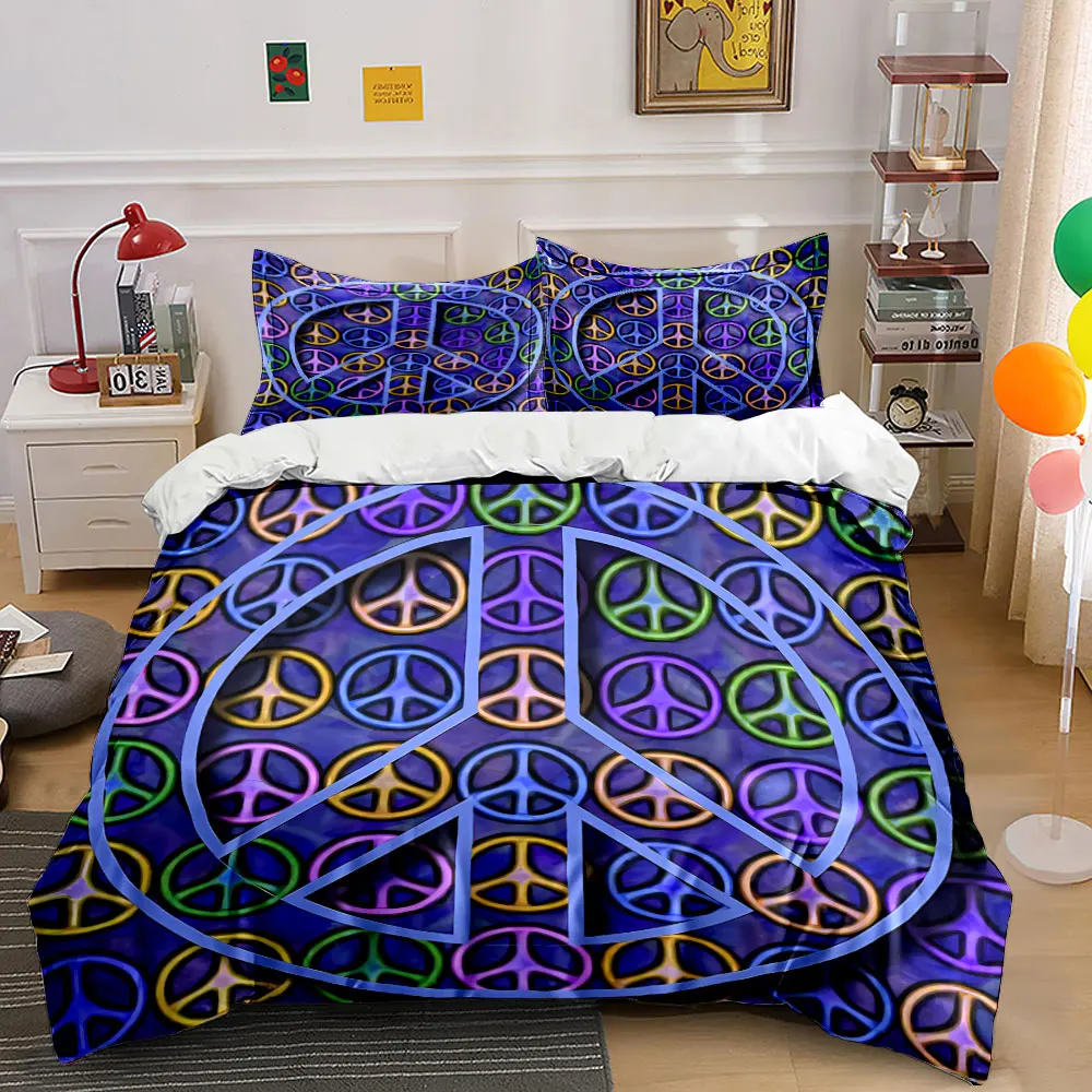 Colorful Peace Sign Set Decor Bedding Set with 1 Duvet Cover 2 Pillowcases Single Double King Queen, Gift