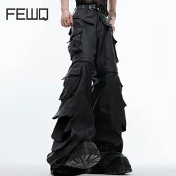 FEWQ Drawstring Cutting Splicing High Waisted PU Leather Pants Hollow Out 2024 Solid Color Darkwear Casual Male Trousers 24X9225