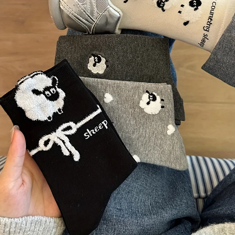 4 Pairs Cozy Flocked Sheep Socks, Solid Color Mid-Crew Stackable Socks, Cute Ins Fashion for Women