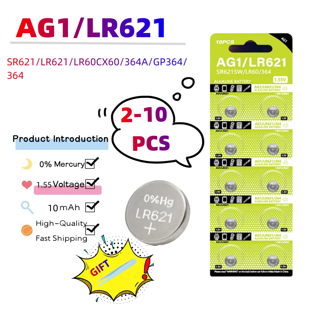 2-10PCS AG1 LR621 364 V364 164 531 SR621 SR621SW SR60 CX60 1.55V Alkaline Battery For Watch Car Key Remote Toy Button Coin Cell