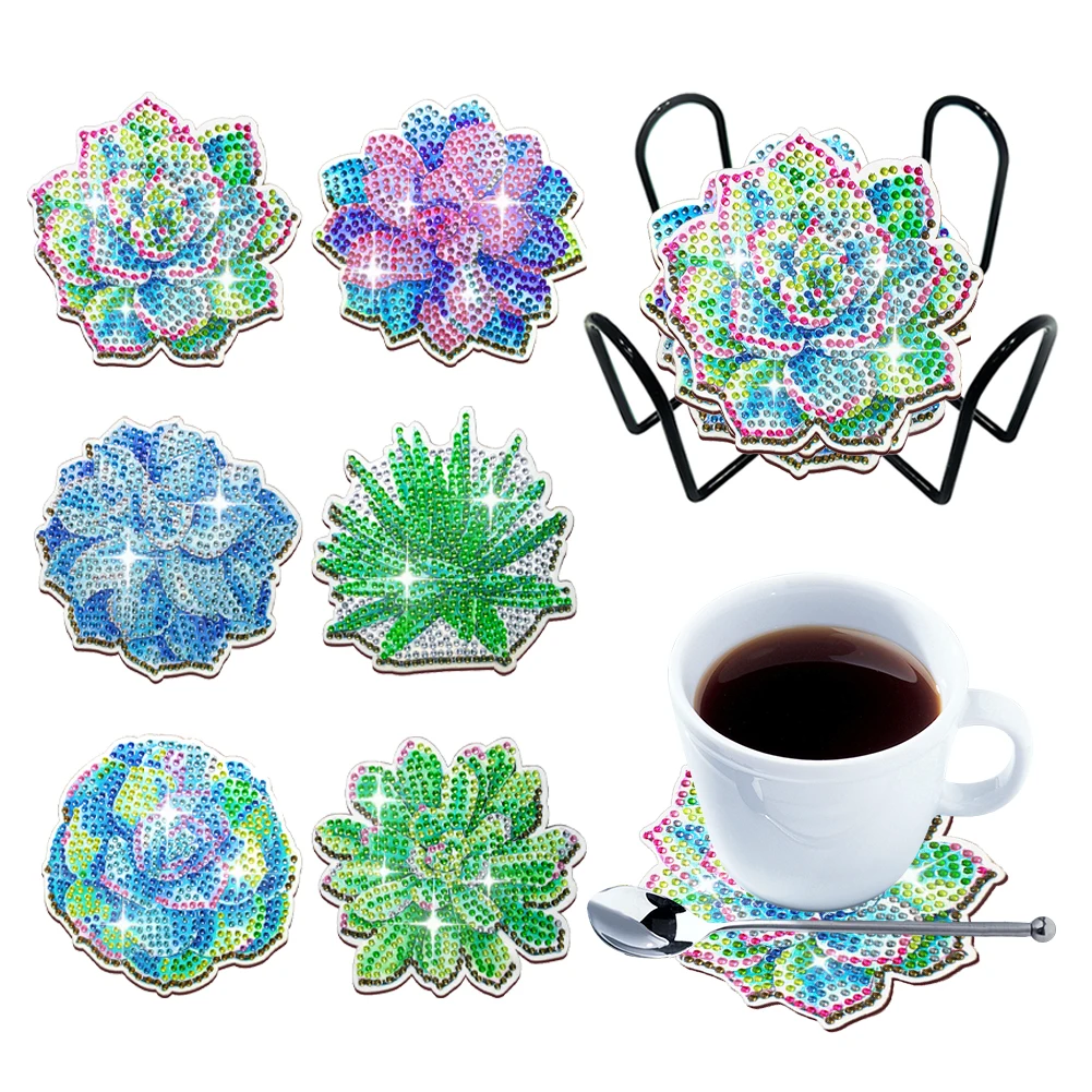 6/8/10PCS Diamond Painting Art Coaster Kit with Holder Wooden Special Shape Diamond Painting DIY Coaster Sunflower Gnome Mandala