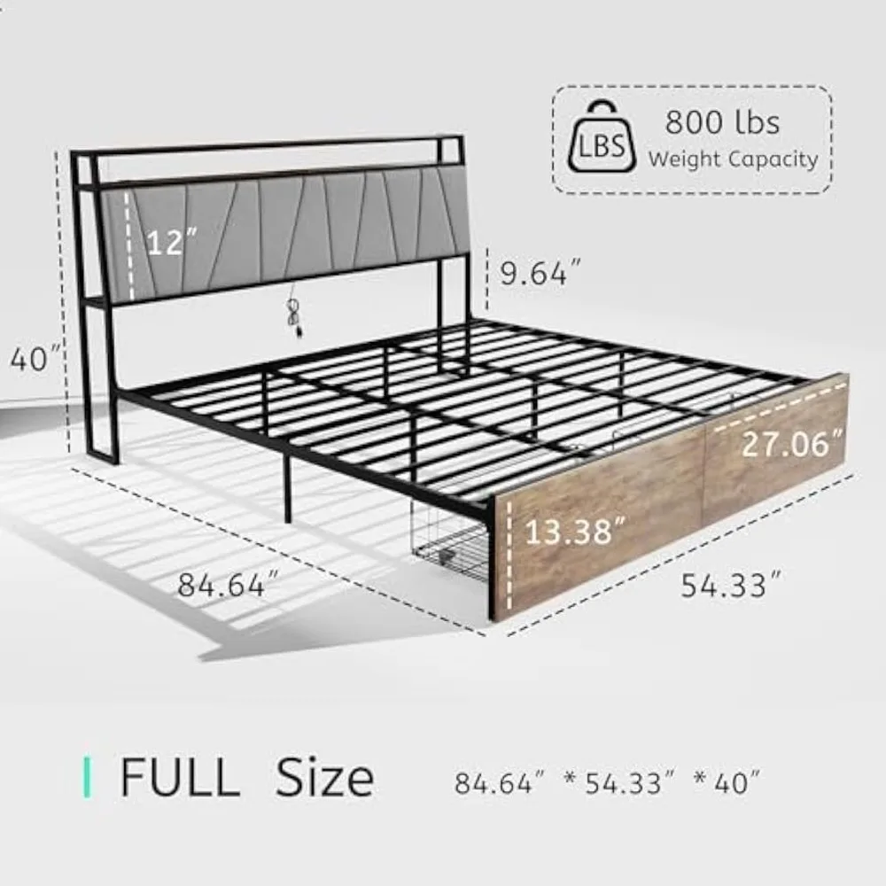 Full Bed Frame with Storage,Ergonomic Headboard, 2 Drawers, Charging Station & LED, USB,Headboard with Fast Charger,Bed Bases