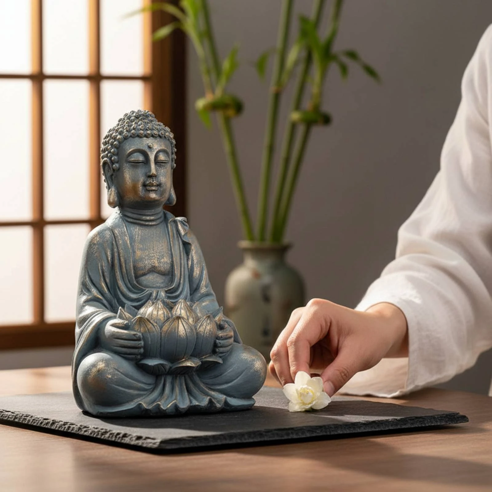 Buddha Lotus Statue Solar-Powered Seated Buddha Statue Figurine Textured Home Decor Blue-Gray for Landscape