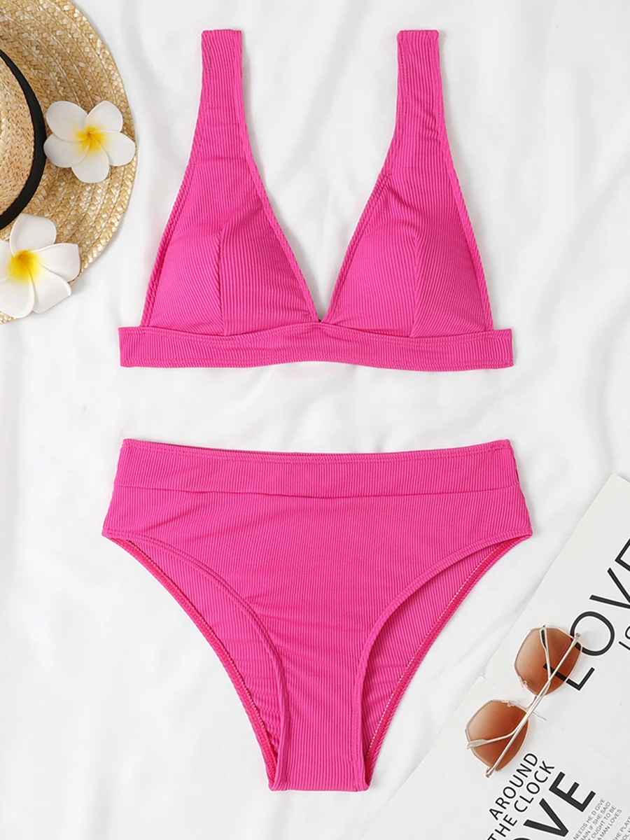 Bikinis lisos con relleno para mujer, bañador Sexy, ropa de playa, traje de baño, 2024