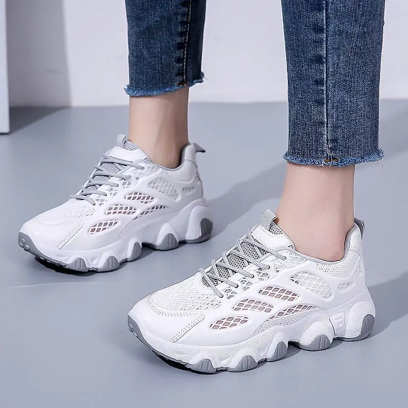 

2025 Summer New Arrival Hot Selling Women's Dad Shoes Mesh Breathable Thin White Versatile Student Sneakers