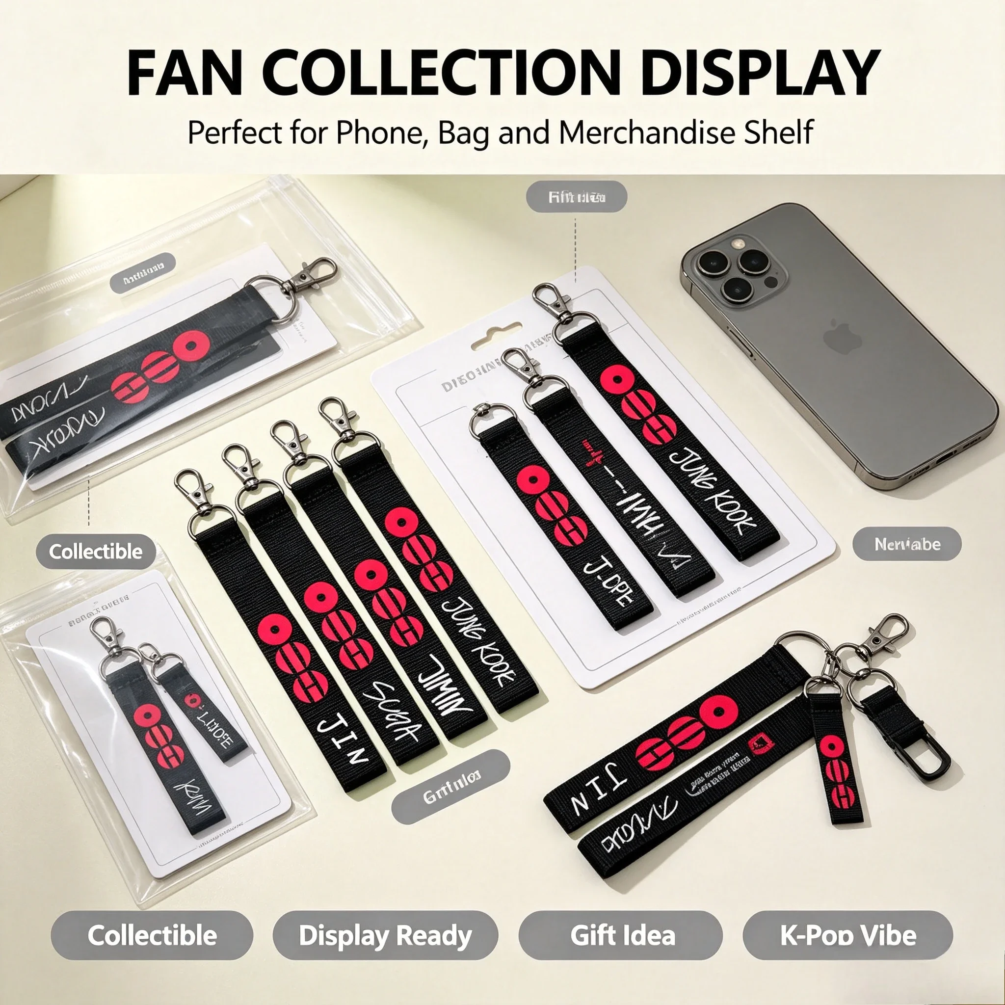 7 Styles BTS Name Strap Keychain K-pop Idol Jin RM Suga Jimin V J-Hope Jungkook Lanyard Bag Charm Fans Gift view 5