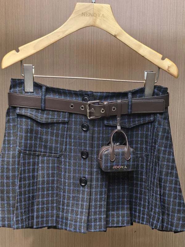 Falda corta plisada a cuadros antienvejecimiento de primavera, diseño adelgazante de cintura alta, estilo coreano, falda de medio cuerpo juvenil con riñonera