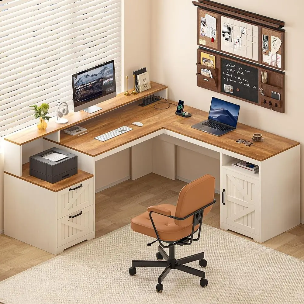 63" Farmhouse L Shaped Executive Desk with Drawers & Storage Shelf, Corner Computer Desk with Power Outlets, L Shape，Customized
