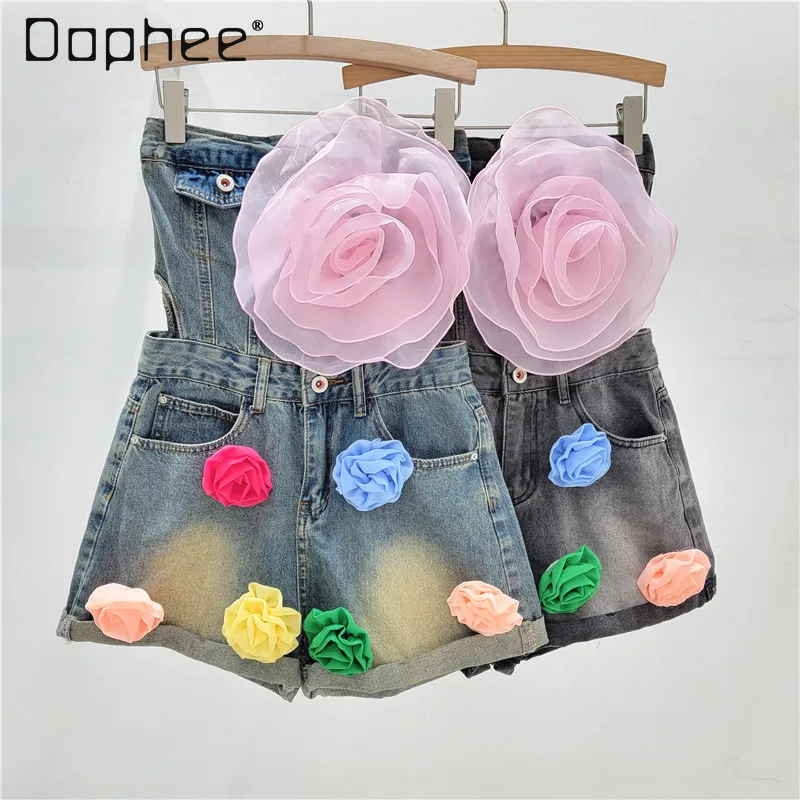 

Sexy Off-the-Shoulder Strapless Lace-up Playsuits for Women Spring Summer Street Hipster Flower Decoration Denim Rompers Female