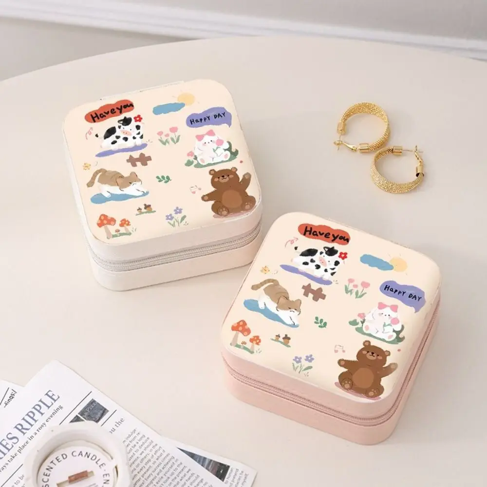 

Lightweight Kawaii Mini Jewelry Box PU Cartoon Necklace Ring Case Zipper Square Earring Organizer Display